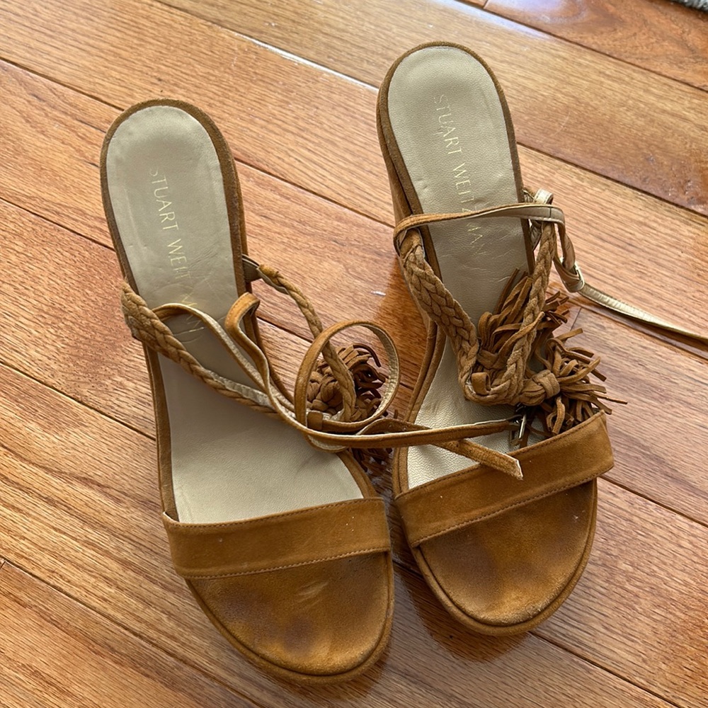 Stuart Weitzman brown suede wedge heels with criss cross braid detail - Picture 1 of 6